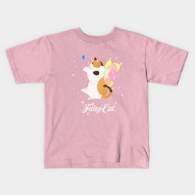 Fairy Calico Cat (with white text) Kids T-Shirt by You Miichi